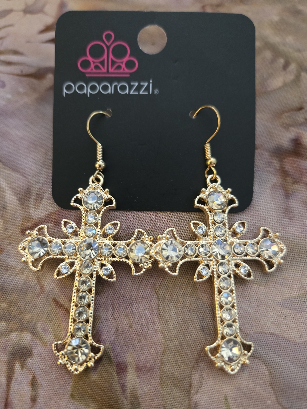 paparazzi Gold Cross Dangle Earrings with Clear Crystals